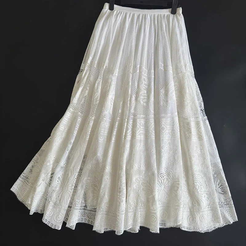 

Women's Classic Heavy Industry Embroidery Lace Skirts French Elegant White High Waist Hollow Out Skirt Runway Y2K New 24 Holiday