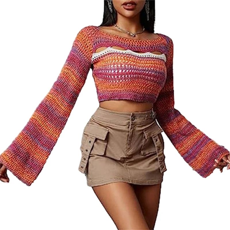 

Womens Y2K Knitted Crop Tops Crochet Hollow Out Long Sleeve Loose Shirt Sweater Drop Shipping