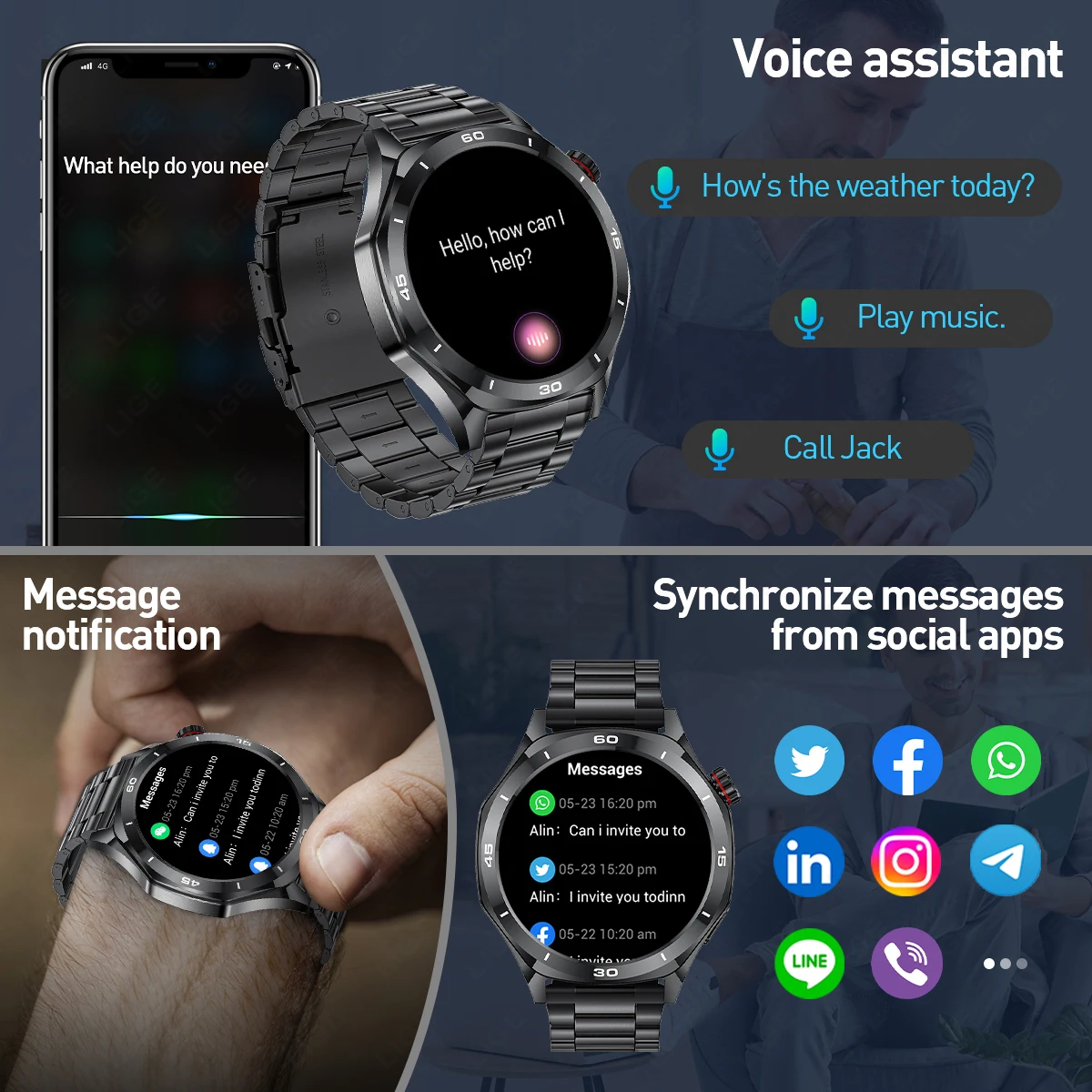 LIGE 1.52" HD Fashion 400mAh Smart Watch BT Call Men Bracelet Sports Fitness Health Men Smartwatch For Android IOS HarmonyOS New