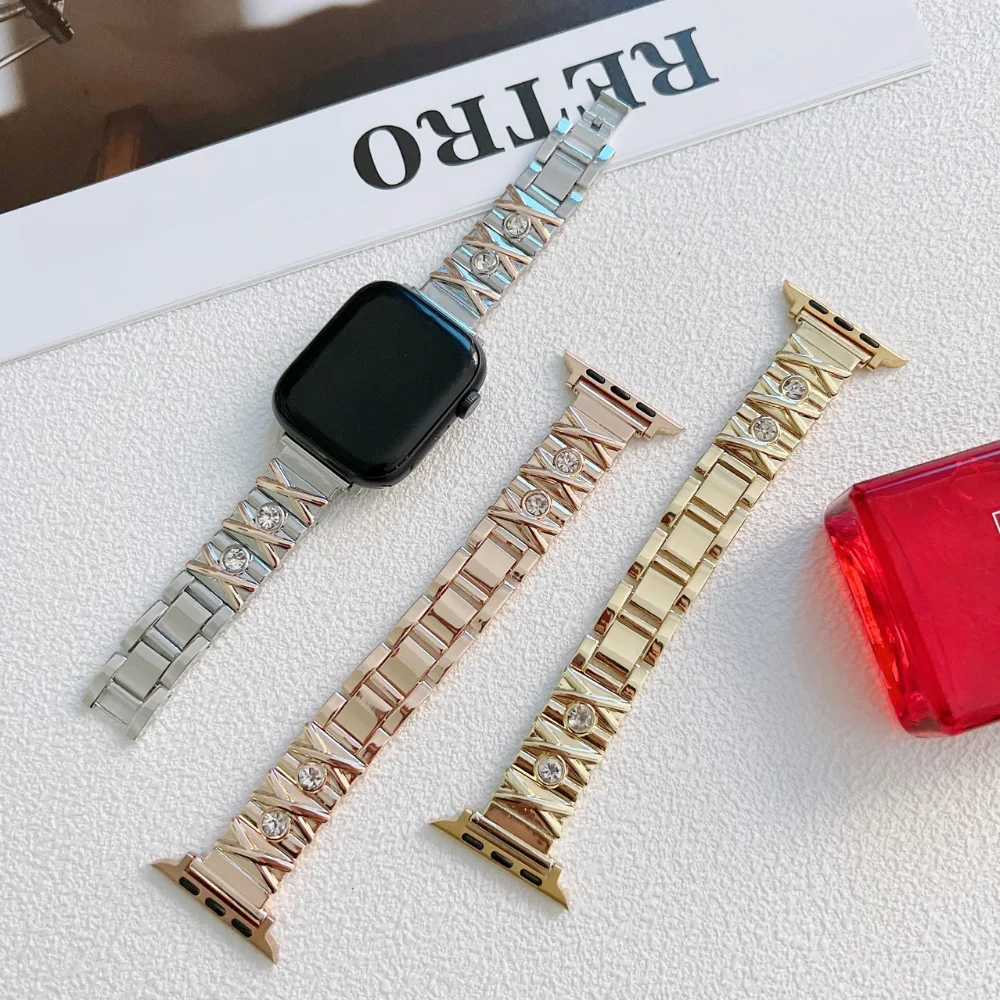 

Ремешок металлический Алмазный для Apple Watch Band 44 мм 40 мм 45 мм 41 мм 42 мм 38 мм 49 мм, модный браслет для iWatch Series Ultra 8 7 6 5 4 SE 3