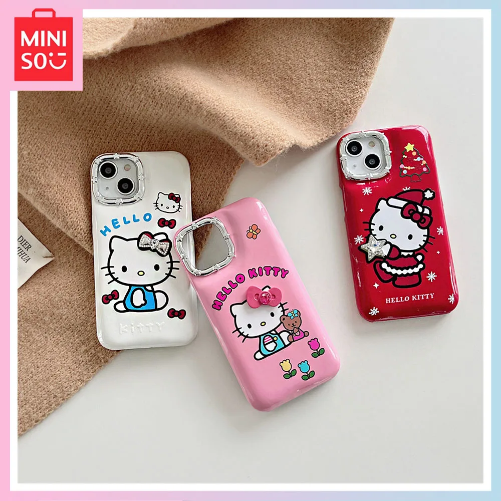 

Miniso Cartoon Star Bow Hello Kitty iPhone14Promax Phone Case 13/12 All-Inclusive 14Pro Anti-Fall 11 Birthday Christmas Gift