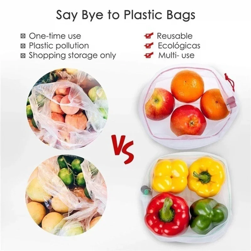 5pcs Reusable Storage Bags Washable Fruit Vegetable Mesh Bags Storage Net Bag Grocery Bags Produce Storage Bags Plastic Ziplock Bags Kitchen Food Organizer Home Toys Grocery Storage Packaging Pouch