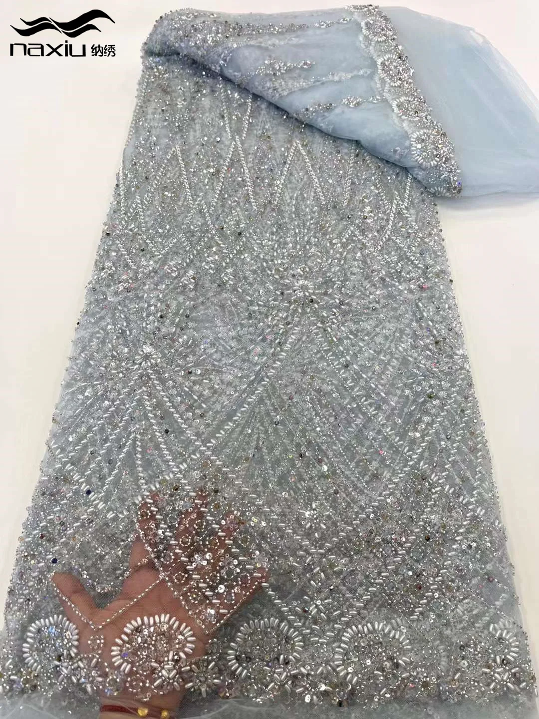 

Кружевная ткань Madison-African Sequins, кружево с 3D-вышивкой, роскошные бусины, пошив вечерних платьев, высокое качество, 2024 г.