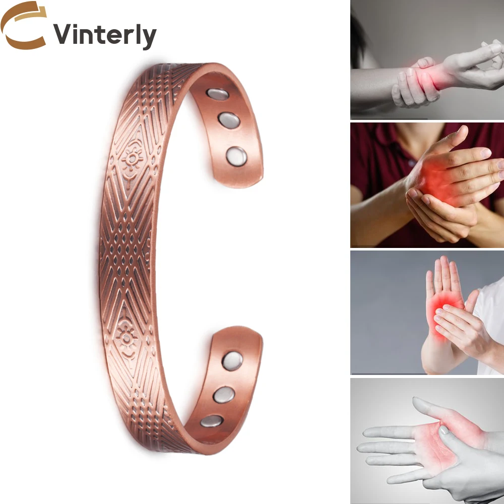 Vinterly Pure Copper Bracelets for Arthritis Woman Men Adjustable Cuff Solid Metal Bangles Vintage Therapeutic Magnet Jewelry
