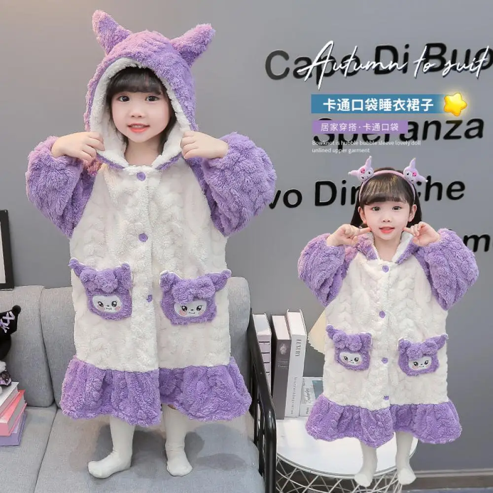 Sanrio Girls Kuromi Nightgown Child Flannel Bathrobe Kawaii Cartoon Pajamas Leisure Plush Lounge Clothes Children's Clothing