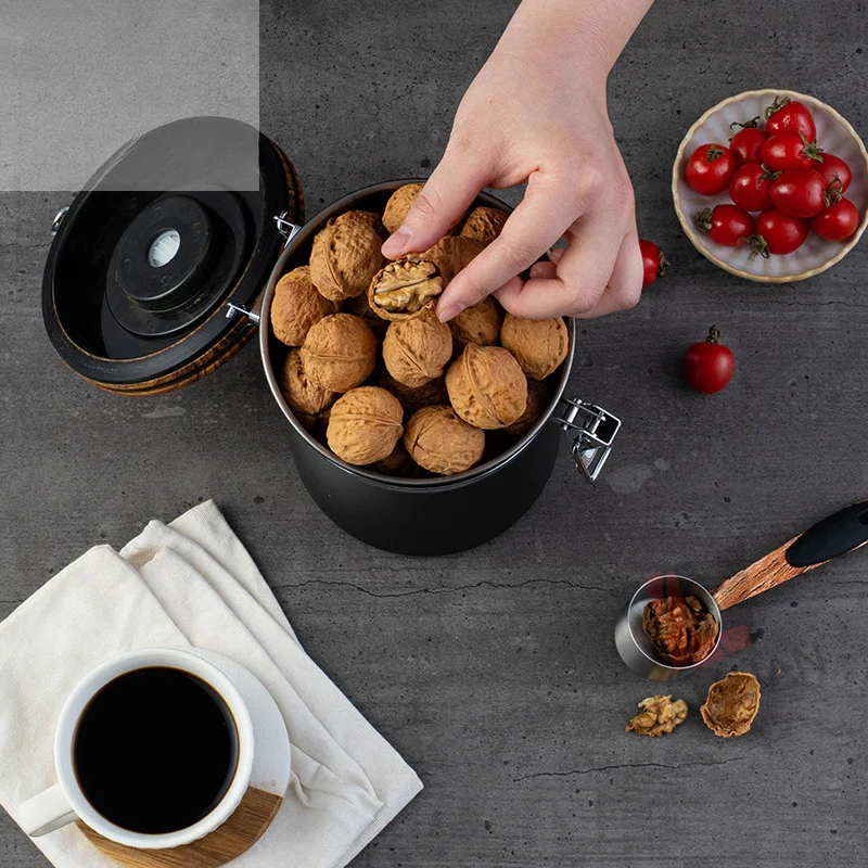 Coffee Bean Storage Tank Stainless Steel Kitchen Sealed Jar Tea Powder Storage Jar with Timetable Exhaust Valve Jars