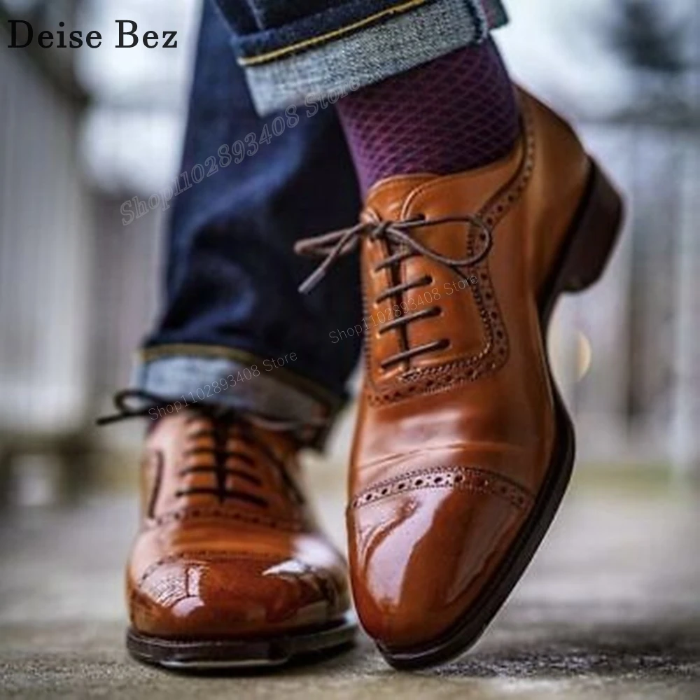 

Brown Cross Tied Men Dress Shoes Pointed Toe Lace-up British Style Business Wedding Quality Men Shoes 2024 Zapatillas Mujers