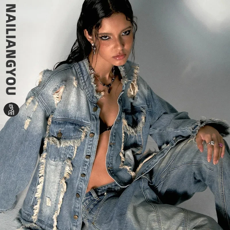 

Куртка джинсовая унисекс в стиле хип-хоп, свободный Пиджак из денима с дырками в американском стиле, ковбойская куртка с кисточками, повседневная верхняя одежда в готическом стиле, осень