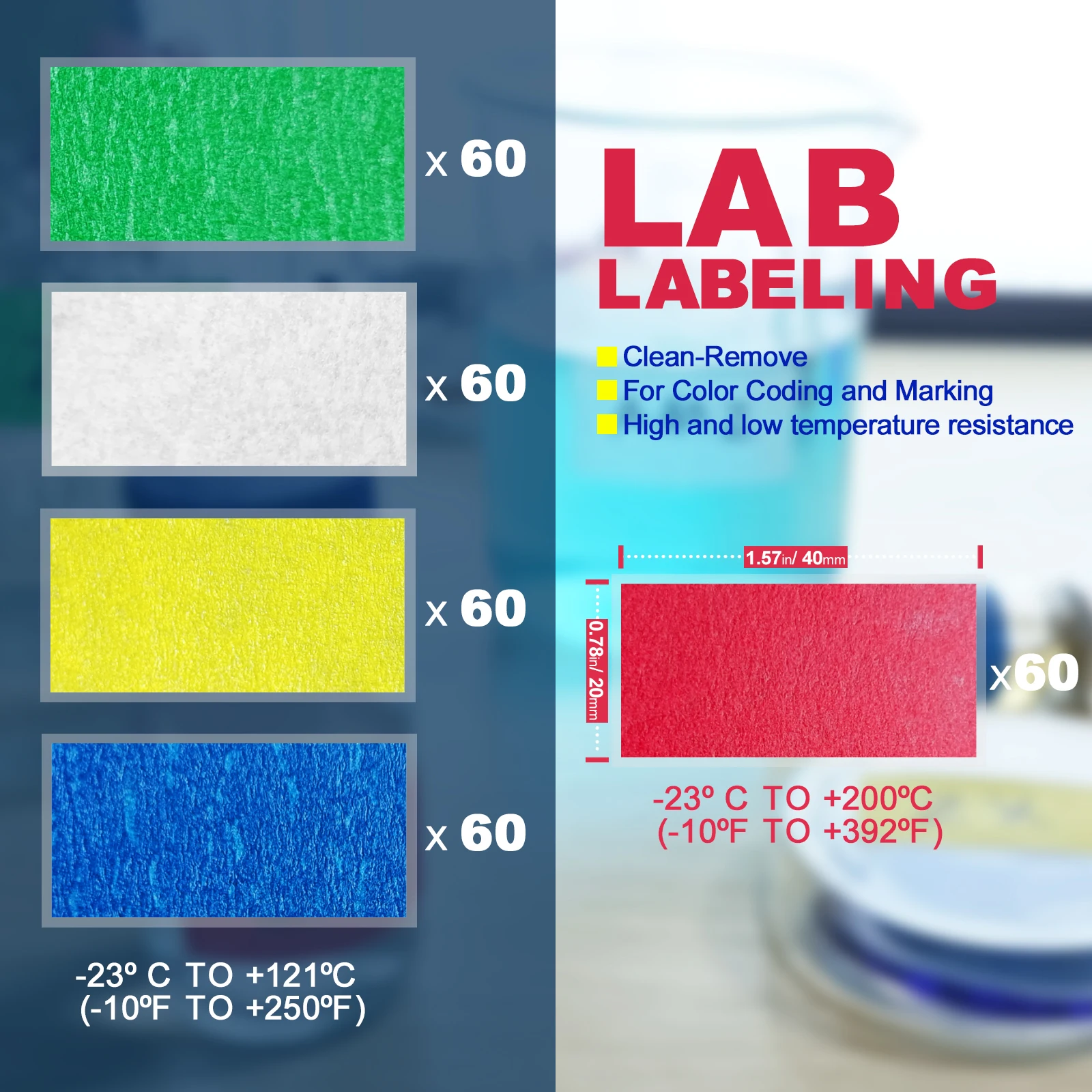 Lab Labels 40X20mm Red Green Blue White Yellow Clean-Remove Withstand High Temperature Color Coding Marking