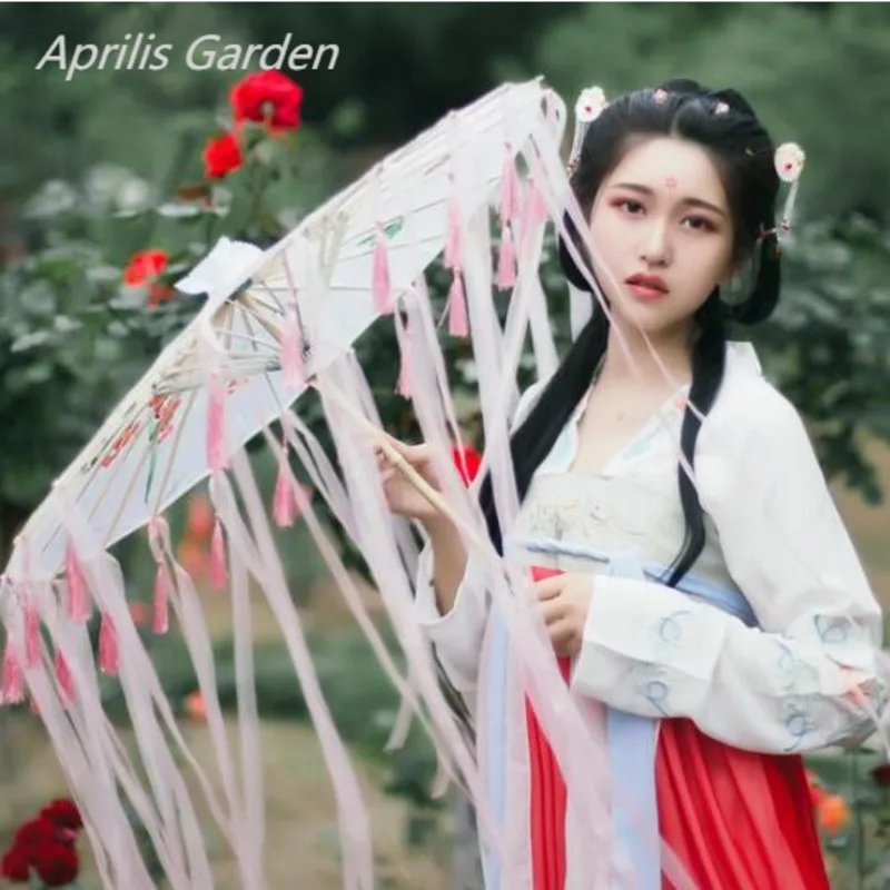 New Bamboo Oiled Paper Umbrella Women Tassels Yarn Ribbon Hanfu Umbrella Woman Parasol  Retro Performing Japanese Chinese Style 6