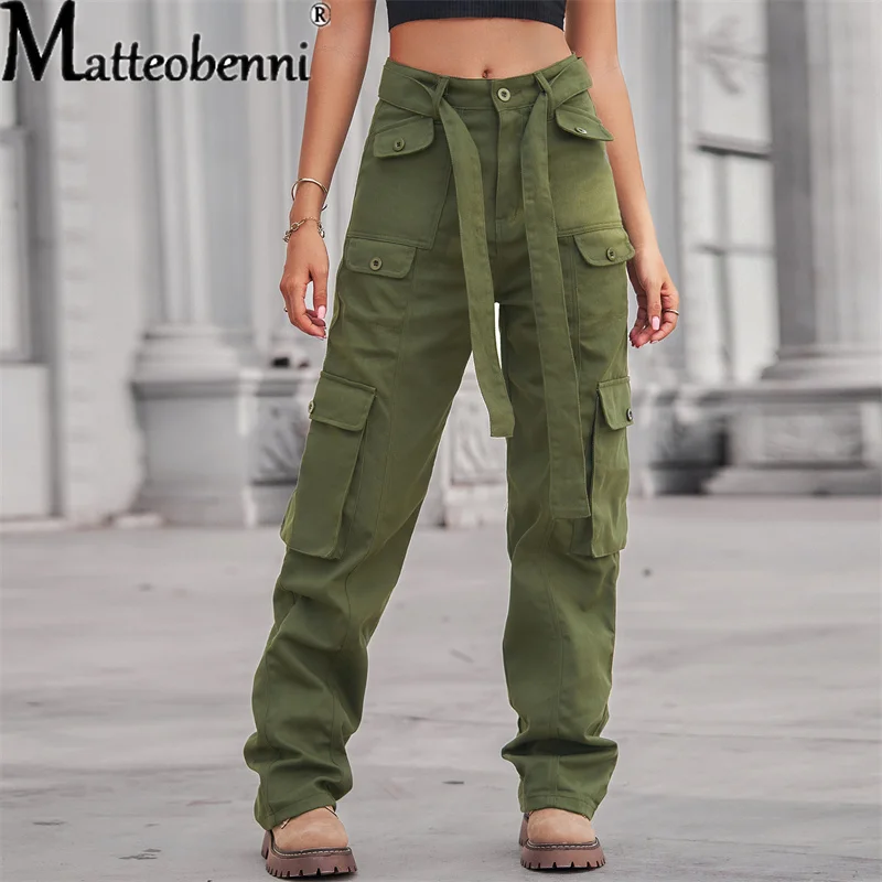 Fashion Casual Multiple Pockets Trousers Women Straight Cargo Pants Loose Streetwear Hip Hop Solid Color Jeans Female Clothes
