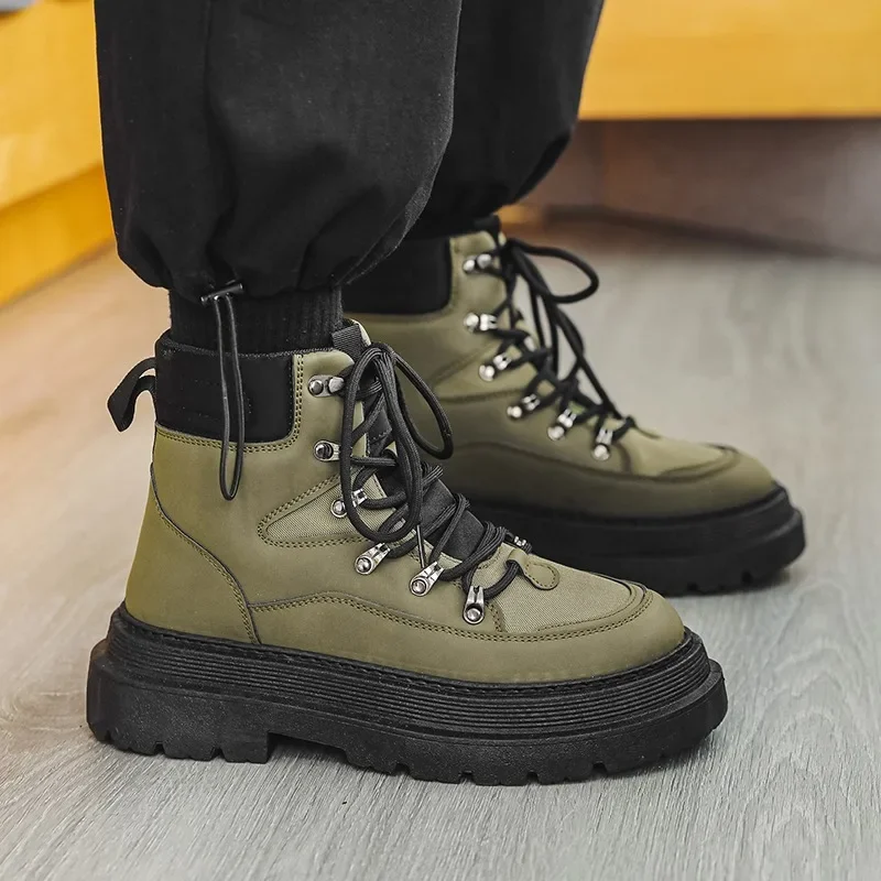 Men'S Shoes 2023 New Cross-Tied Men'S Boots New Metal Decoration Hot Sale Round Head Platform Casual British Style Ankle Boots