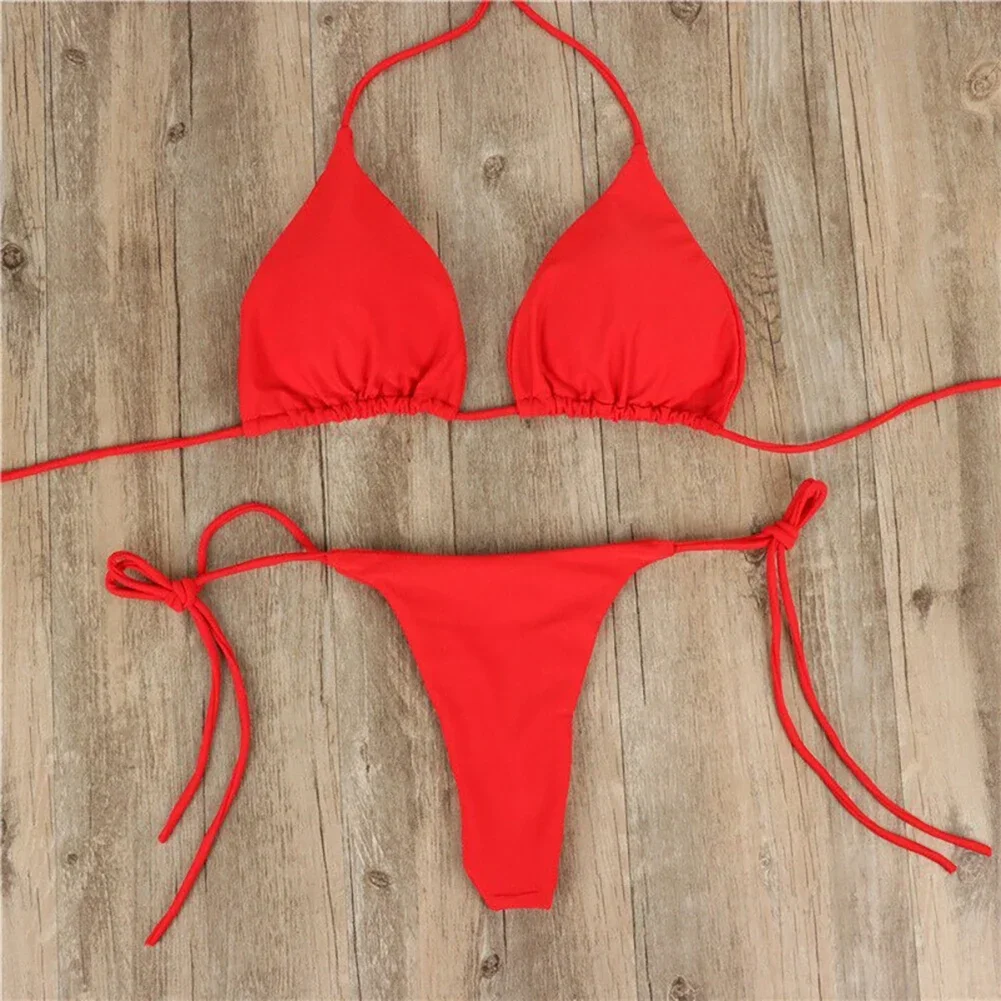 2 Pcs/Set Bikini Set Sexy Bikinis Bathing Suit Solid Color Halter Neck Strap Thong Women Swimsuit Set for Beach Swimwear