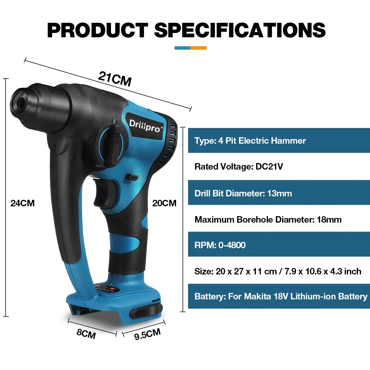 Drillpro Brushless Electric Hammer 13mm Cordless Electric Drill Concrete Demolition Hammer Rechargeable for Makita 18V Battery 2