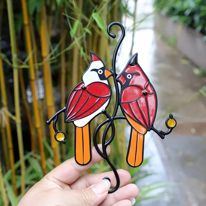 Colorful Metal Stained Glass Bird Panel Window Hanging Decor | Artistic Parrot & Birds Ornament with Wind Chimes