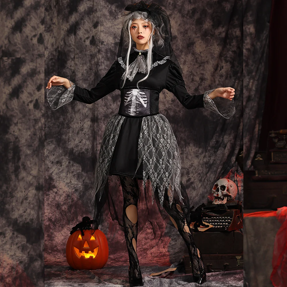 

Женское платье-Лолита в готическом стиле, черное платье для косплея с принтом скелета, зомби, невесты, призраков, черепа, вампира, костюм на Хэллоуин