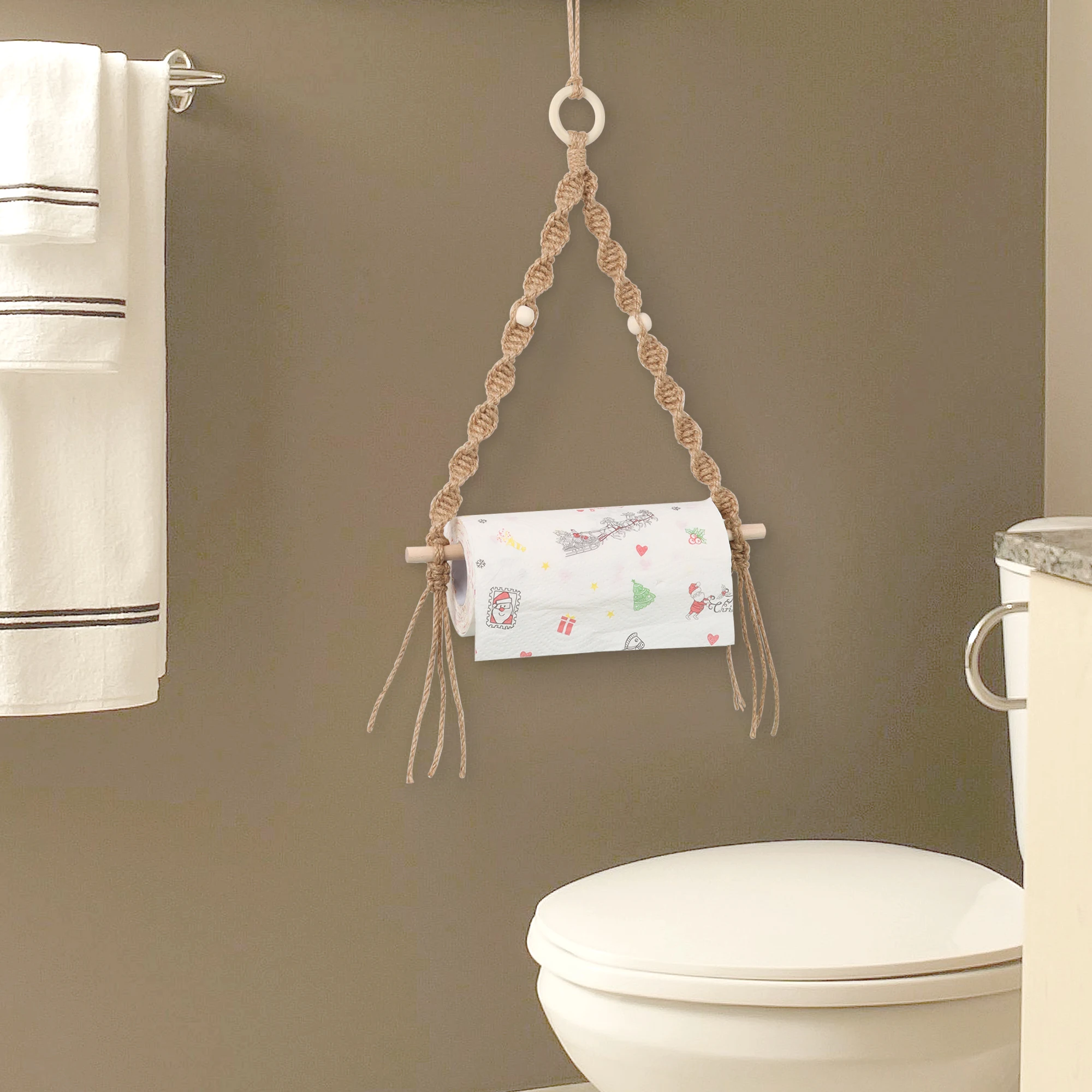Bohemian Hand-woven Hemp Wall-mounted Wooden Bead Roll Paper Rack Towel Rack Homestay Tissue Storage Wall Home Decoration