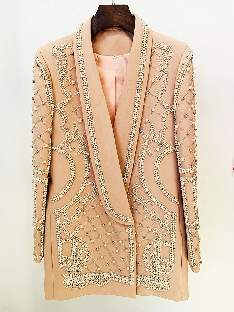 

2023 TOP QUALITY Newest Fashion Designer Women's Shawl Collar Stunning Diamonds Pearls Beaded Blazer Dress