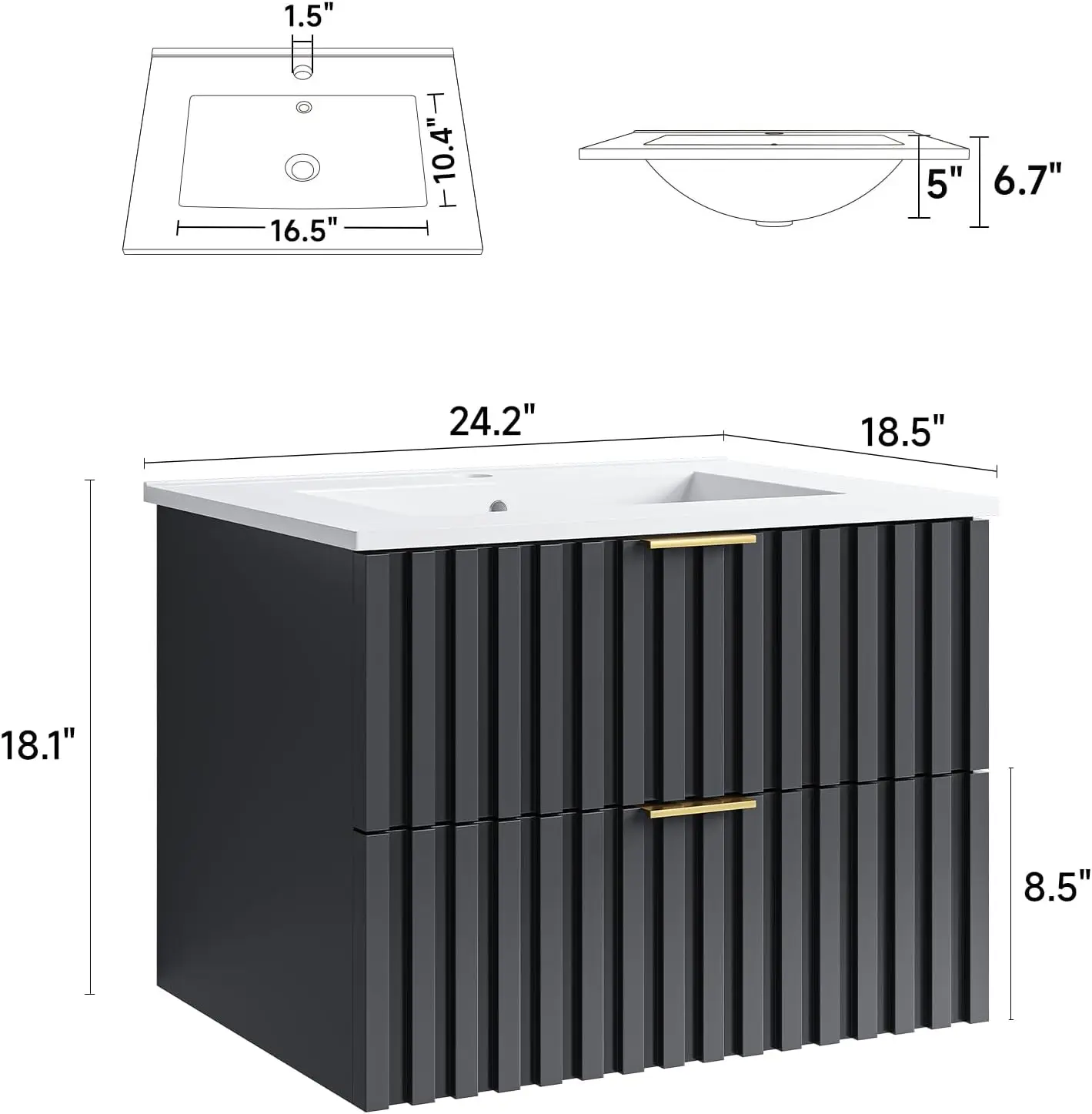 24 Inch Bathroom Vanity with Sink Combo, Floating Bathroom Vanity with 2 Fluted Drawer & Metal Handles, Modern Wall Mount 2