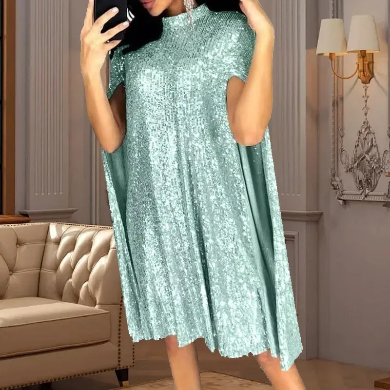 فستان مثير للحفلات مزين بالترتر اللامع للنساء برقبة دائرية وأكمام عباءة فساتين أنيقة للنساء 2025