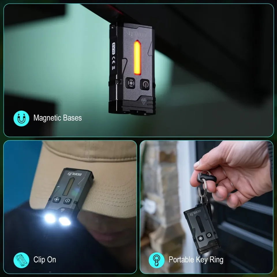 BORUIT V10 Small Powerful Flashlight With 365nm UV Black Light - Super Bright 1000 LM, USB C Rechargeable LED Keychain Flash Light With COB Side Light, Magnet Buzzer- 12 Modes, IPX4 Pocket