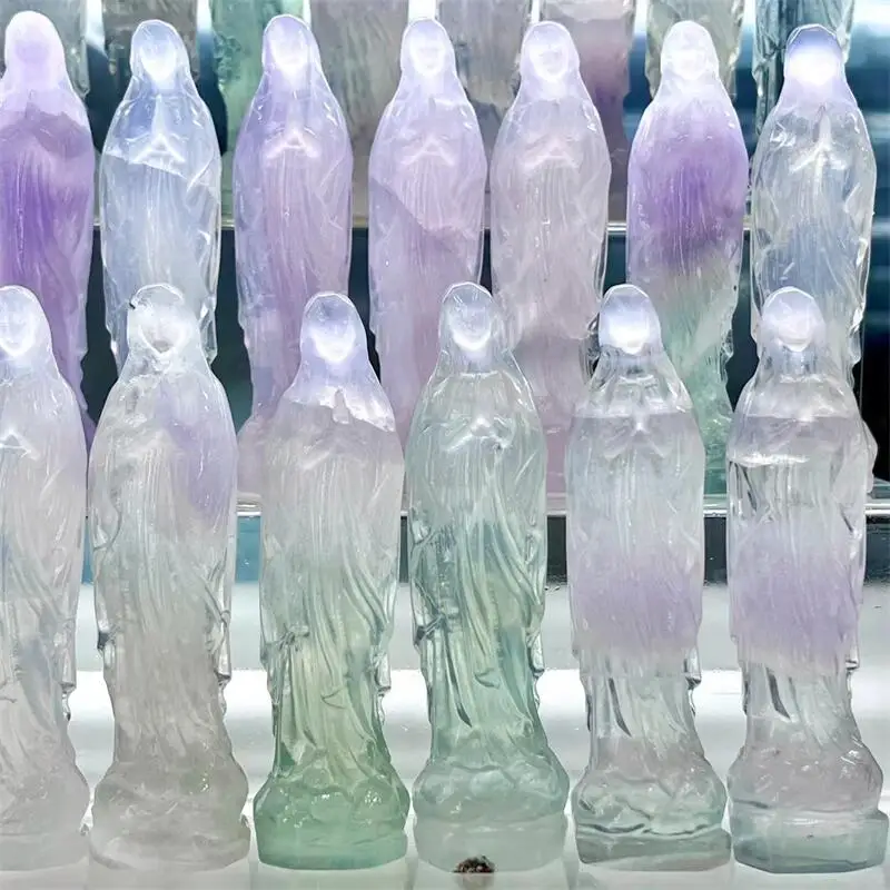 

10cm Natural Macaron Fluorite Madonna Crystal Carving Crafts Healing Stone Fashion Home Ornaments Birthday Gift 1PCS