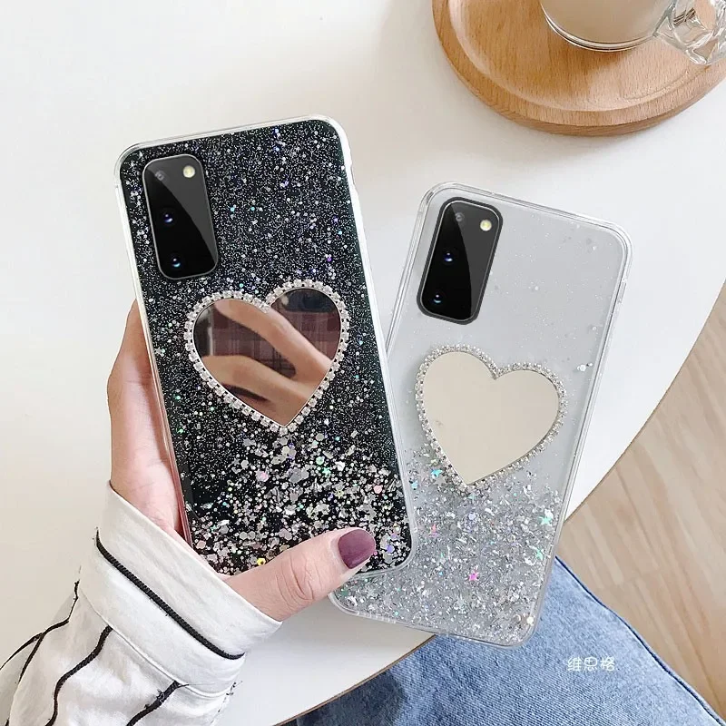 Custodia Trasparente Stellata Per Samsung S23 Plus S22 Ultra S21 S20 Fe S10 S9 S8 Note 20 10 Lite Glitter Heart Mirror Cover