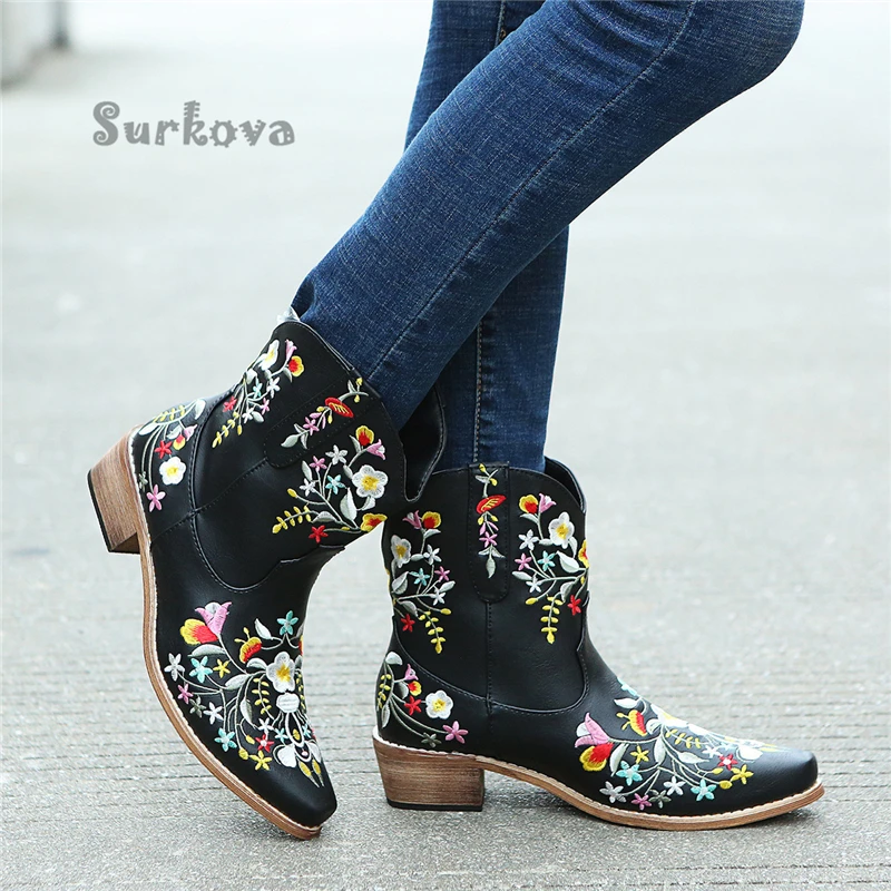 

Embroidered Flower Ankle Boots Women's Pointed Toe Mixed Colors Sewing Mid-Heel Western Cowboy Boots Elegant Winter Party Shoes
