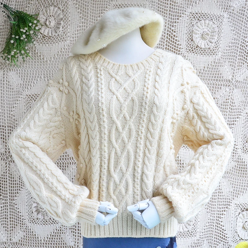 

Женский плотный теплый винтажный пуловер из 100%-ной шерсти с длинными рукавами-фонариками и круглым вырезом