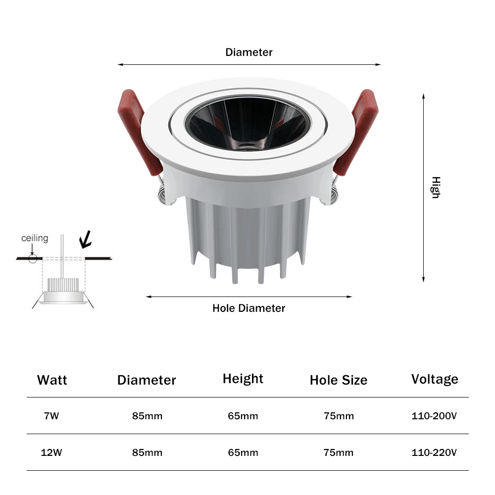 LED Recessed Downlights Anti-glare Angle Adjustable 7W 12W AC85-265V Dimmable Ceiling Spotlight Indoor Bedroom Living Lighting led downlight,recessed ceiling spotlight,ceiling lamps