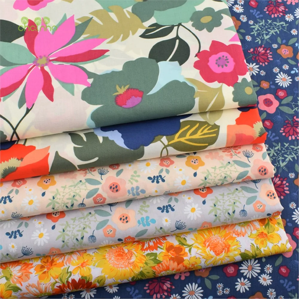 Chainho,Printed Plain Weave Poplin Cotton Fabric,DIY Quilting Sewing Material,Patchwork Cloth,Floral Series,3 Sizes,15PC90