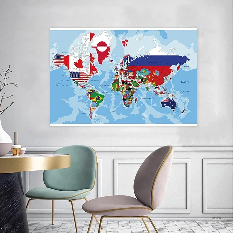 150x100cm Non-woven The World Physical Map With Country Flags Plate For Office School Wall Decor Home Decoration Poster