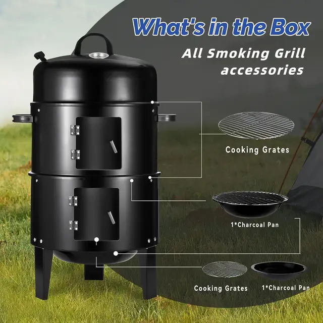 16.5 Inch Charcoal Smoker Grill with Thermometer, 3-in-1 Portable Vertical Smoker, Black 5