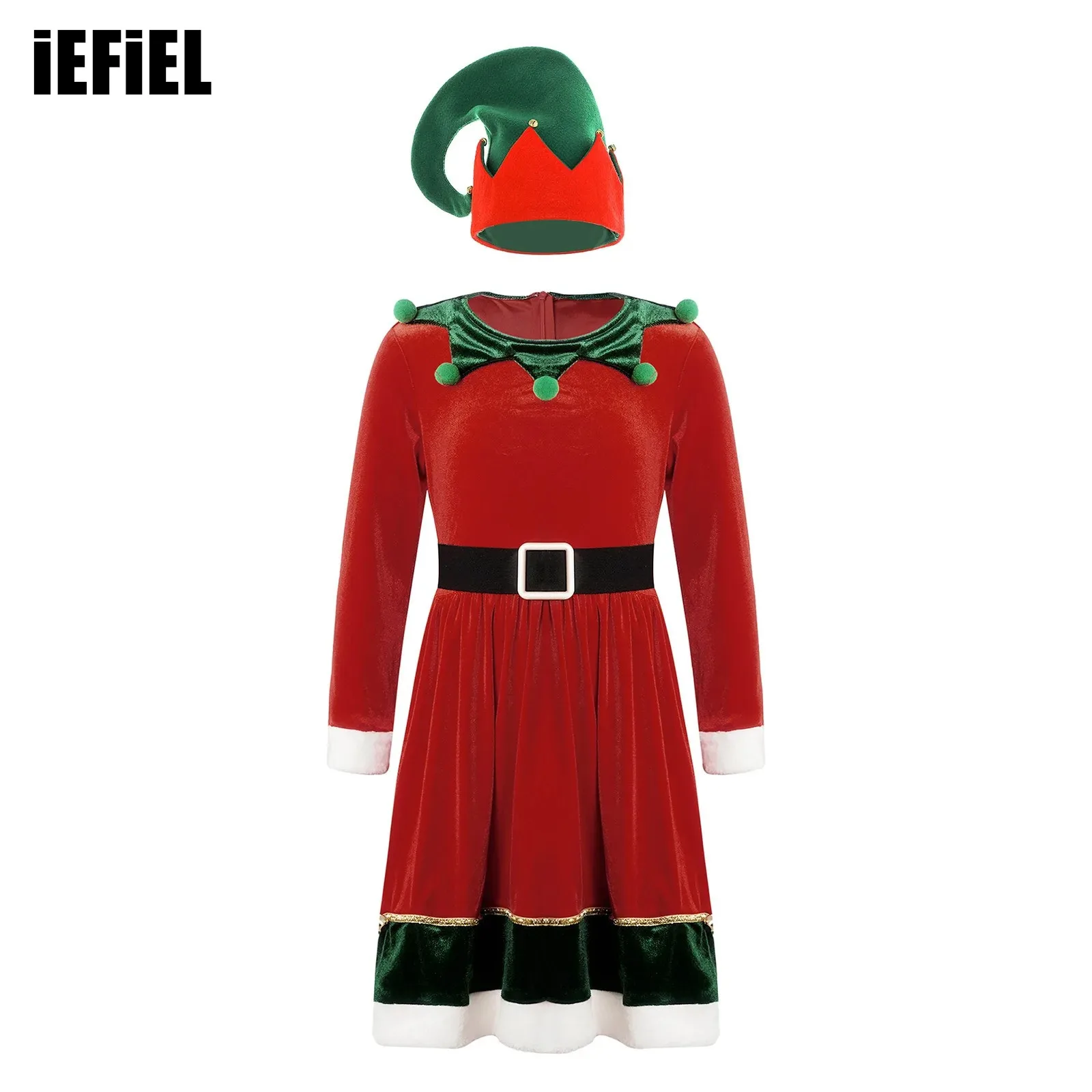 

Kids Girls Christmas Costume Set Long Sleeve Jagged Neckline Zipper Dress with Belt And Hat for Party Cosplay Performance
