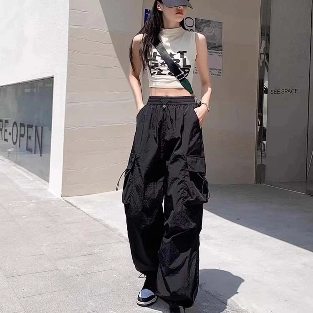 Elasticated Waist Women Drawstring Pants Long Trousers Hip Hop Wide Leg Pants Multi-pockets Black Red Women's Harem Pants