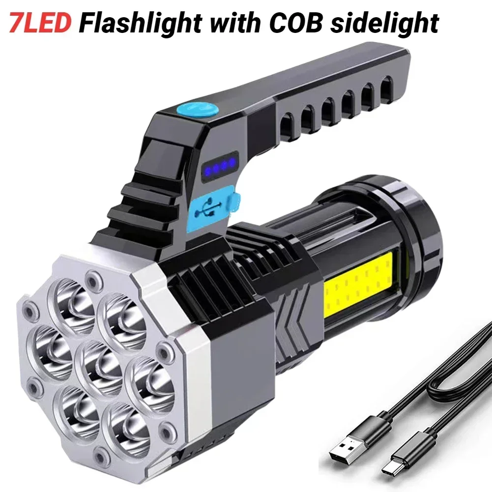 Portable 7 LED FlashLight COB Side Lights USB Rechargeable 4 Modes Torch With Power Display Outdoor Waterproof Emergency Lamp