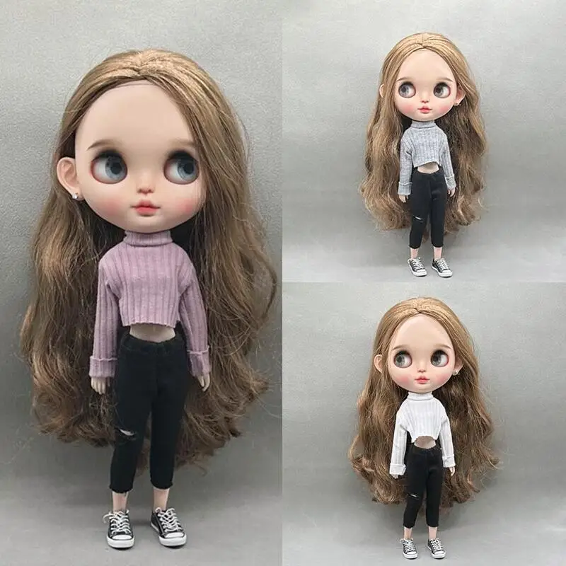 DLBell Handmade Blythe Doll Clothes Fashion Sweater Knitted Short Top and Jeans Pants for Blyth Barbie OB24 Dolls Accessories dlbell round neck tight shirts crop tops short sleeve t shirt and wide leg jeans streetwear for blythe azone ob24 doll clothes