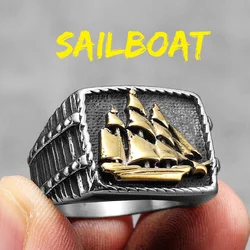 Anchor Lighthouse Ocean Sailor Ring - Stainless Steel Vintage Punk Fashion Jewelry Gift - 8 (R527 - Gold)
