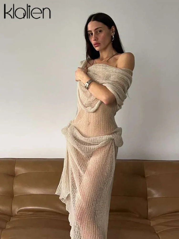 

KLALIEN сексуальное вязаное крючком Сетчатое Женское Платье макси с расклешенным косым воротником прозрачное с открытыми плечами многослойное платье с рюшами Женская Клубная одежда