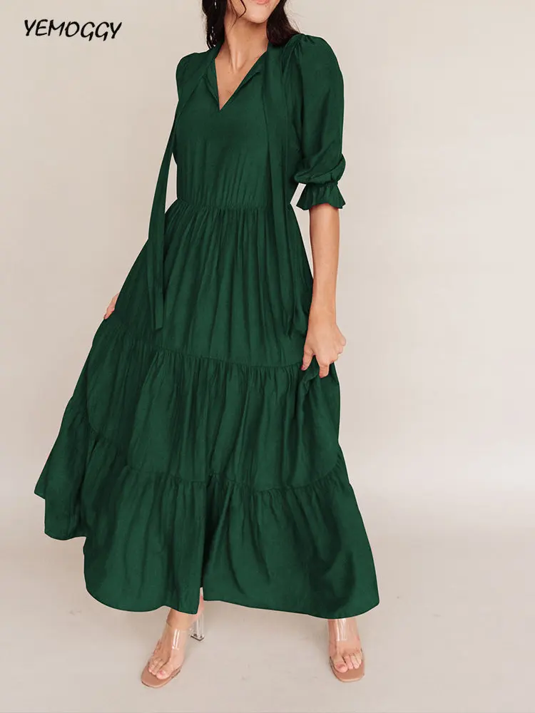 

Summer New Women Retro Ruffle Dress 2023 Spring Tie Rope Middle Sleeve Pleated Loose Dress Female Casual Long Dress Vestidos