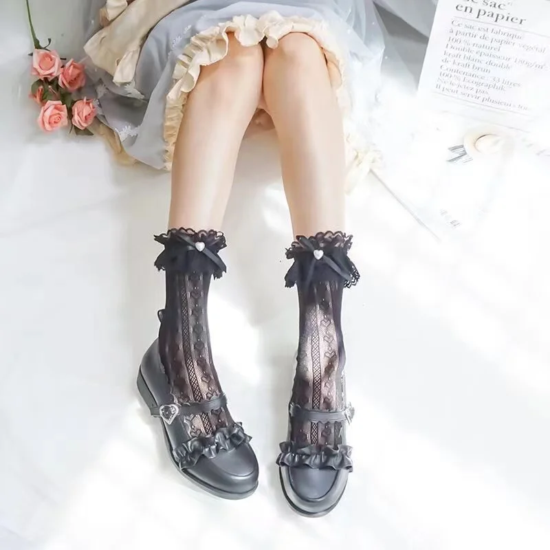 Women's Summer Spring Cotton Socks Thin White Lolita Lace Stocking Black Jk Bow Sweet Mid-leg Calf Socks Sweet Style Girls Gift 2