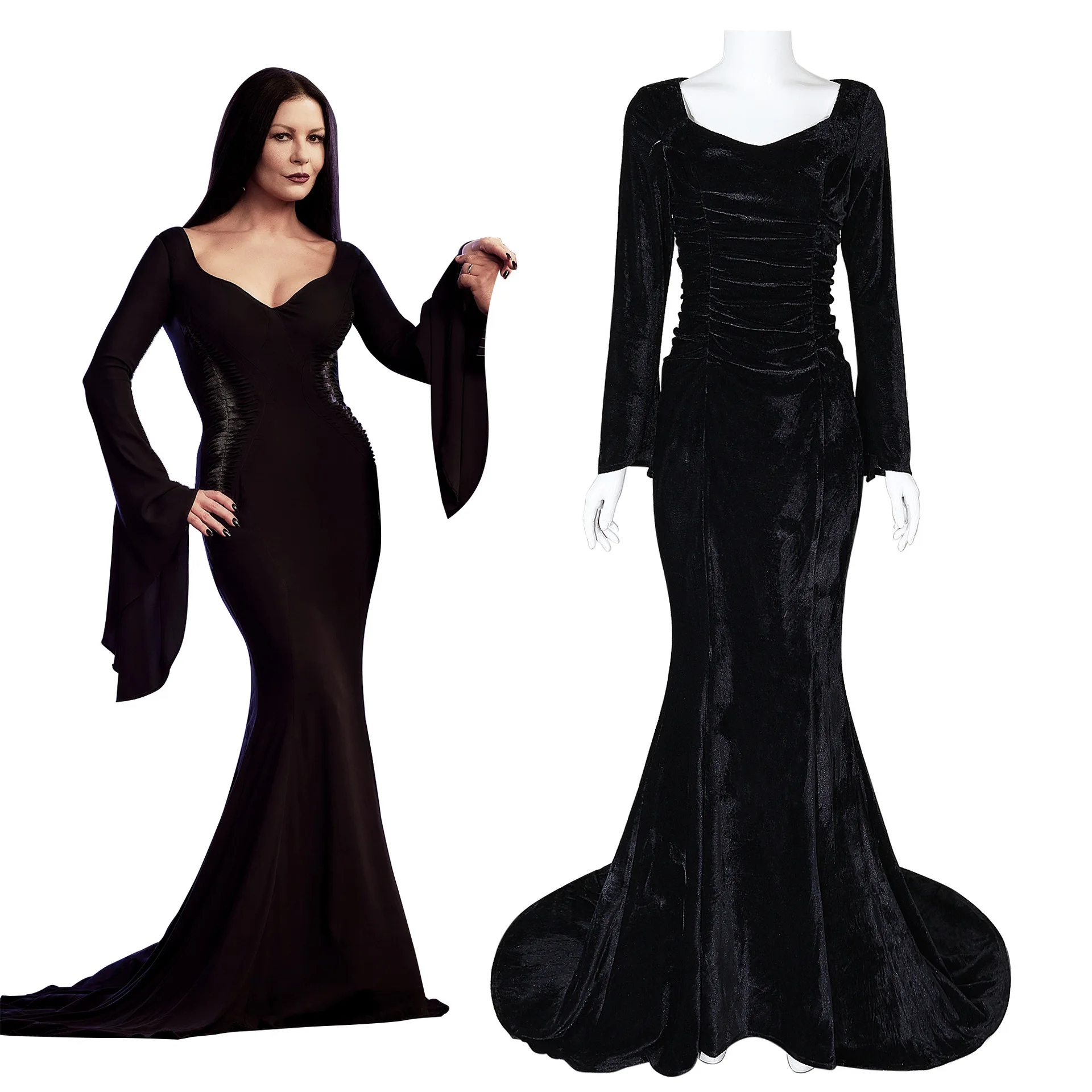 

Disfraz de Cosplay de Morticia para mujer, peluca negra Sexy ajustada, vestido de noche de fiesta para Halloween y Carnaval