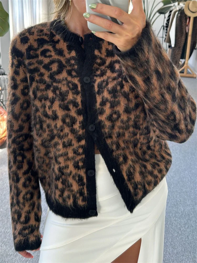 Suéter tipo cárdigan de leopardo para mujer, con estampado de moda en contraste, holgado, de manga larga, para ir al trabajo, cárdigan de otoño para mujer