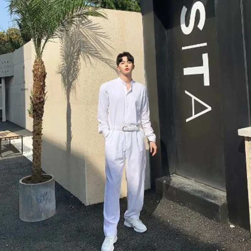 

Men Summer Cotton Linen Loose White Jumpsuits Male Long Sleeve Stand Collar Shirt Overalls Pant Streetwear Stage Show Trousers