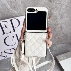 PU Leather Phone Case with 3D Grid Pattern and Crossbody Long Lanyard - Shockproof Cover for Galaxy Z Flip5 (WHITE)