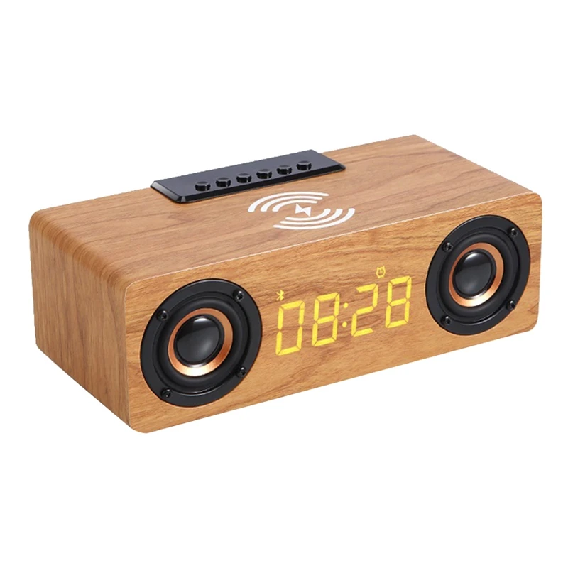 

Fast Wireless Charger Wooden Wireless Bluetooth Speaker Alarm Clock 3D Stereo Boombox Soundbar