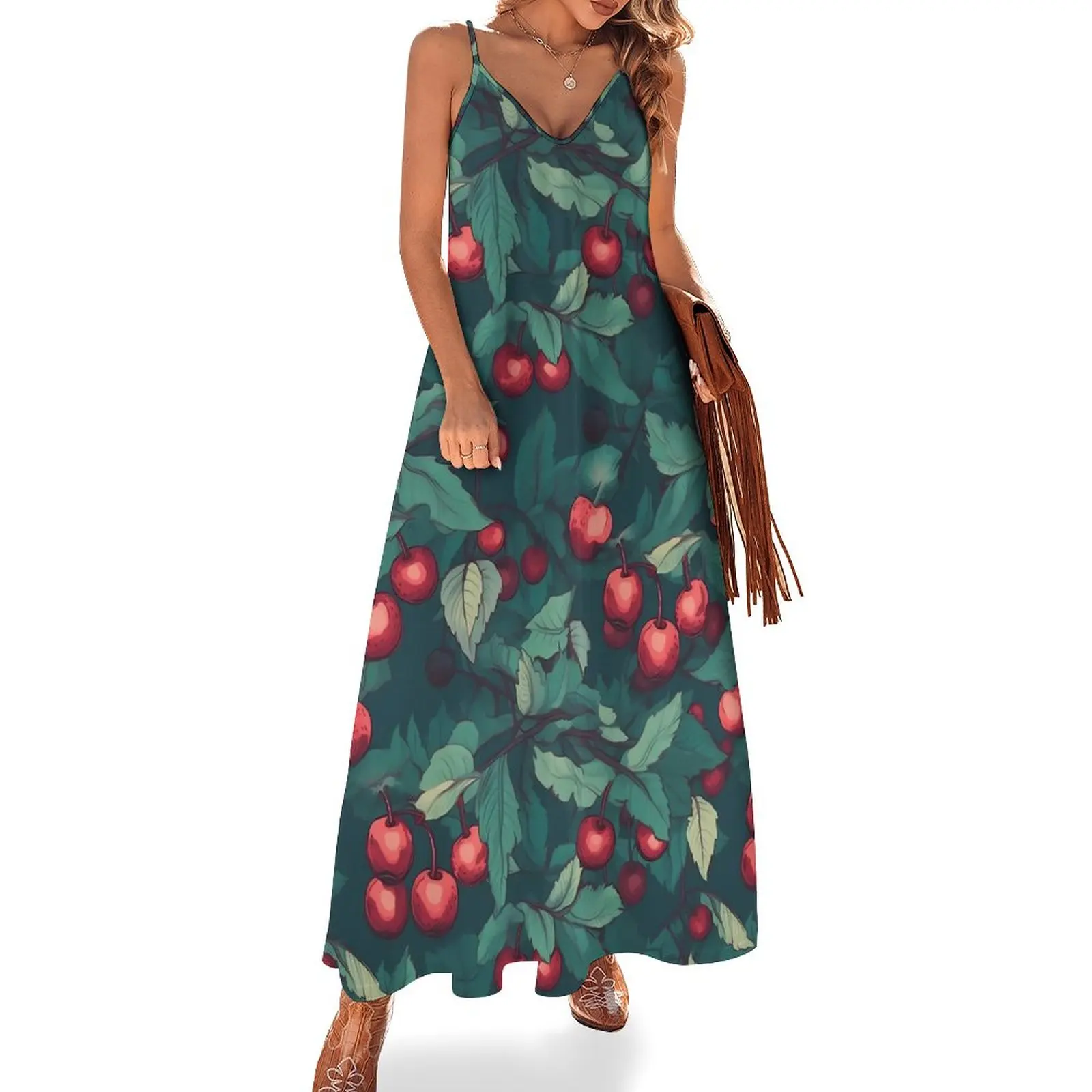 

Cherries Print Dress Green Leaves Print Sexy Maxi Dress Street Style Bohemia Long Dresses Womens Strap Graphic Large Size