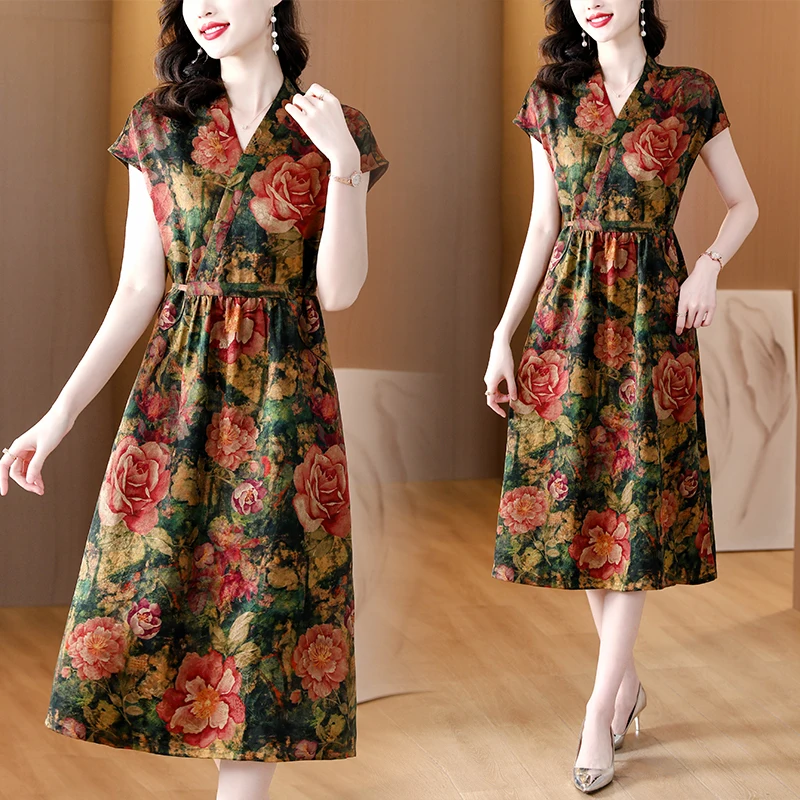 

Женское шелковое платье с коротким рукавом, летнее платье из натурального шелка тутового шелкопряда с цветочным принтом, 2023