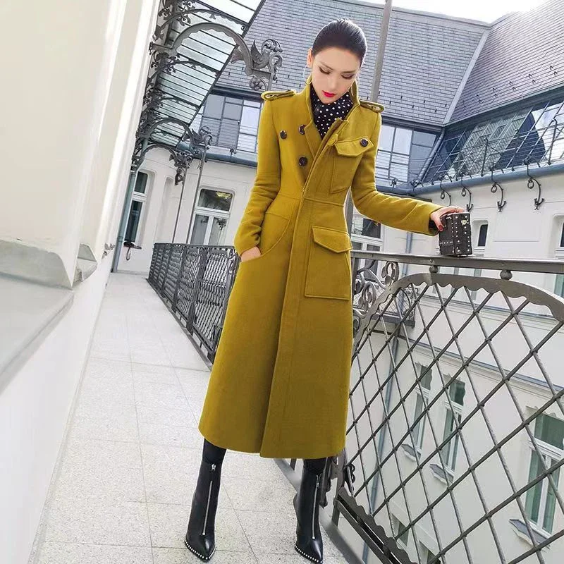 2023 Autumn And Winter New Women\'s Slim Mid-Length Coats  Army Green v-Neck Lady Coat Thickened Wool Women Jacket