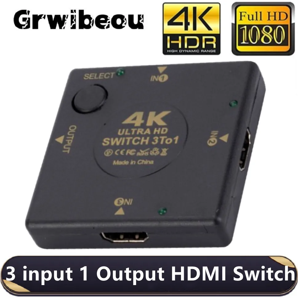 Grwibeou 3 Port HDMI Switch 3 input 1 Output Female to Female HDMI Switcher Splitter Box Selector for HDTV 4K/1080P VIdeo Switch